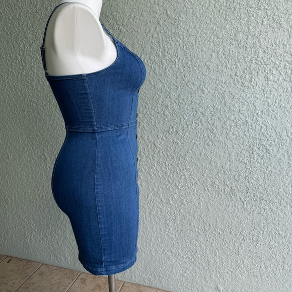 Bläshe size L denim jean mini dress y2K 90s  slimfit bodycon summer spring - Picture 4 of 11